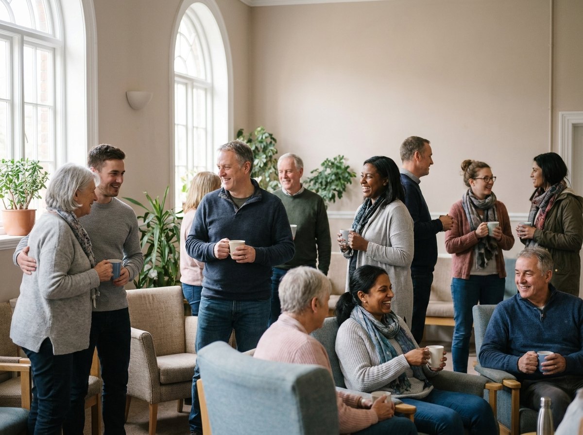 Neighbors talking together at a community wellness gathering