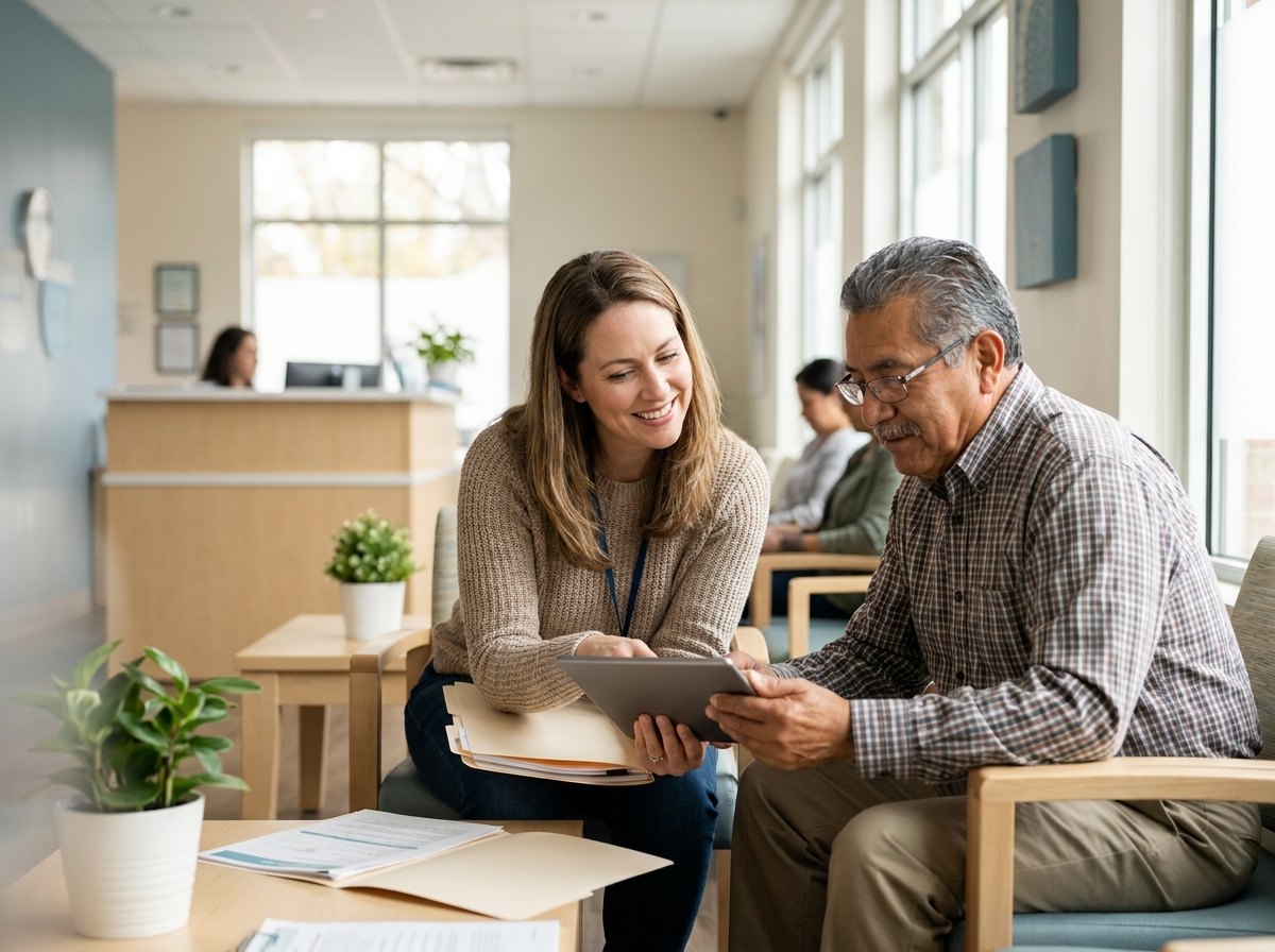 A care coordinator helping a patient review his care plan
